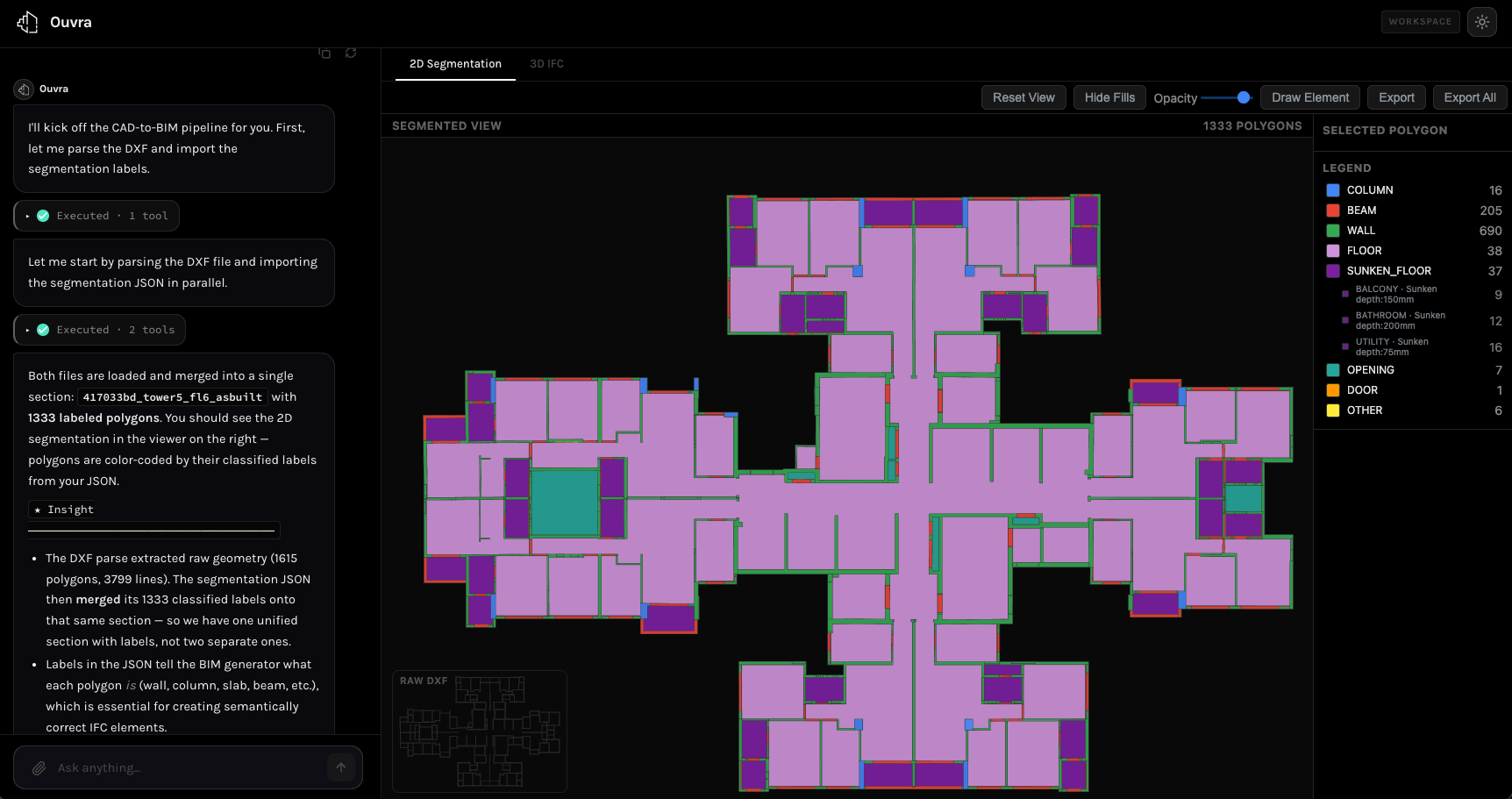 Ouvra — chat with the agent while it classifies 1,533 polygons across the floor plan
